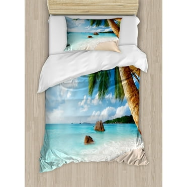 Beach Duvet Cover Set Twin Size, Green Palm Trees Clear Blue Water Sandy Exotic Seashore Rocks and Hills in Distance, Decorative 2 Piece Bedding Set with 1 Pillow Sham, Multicolor, by Ambesonne