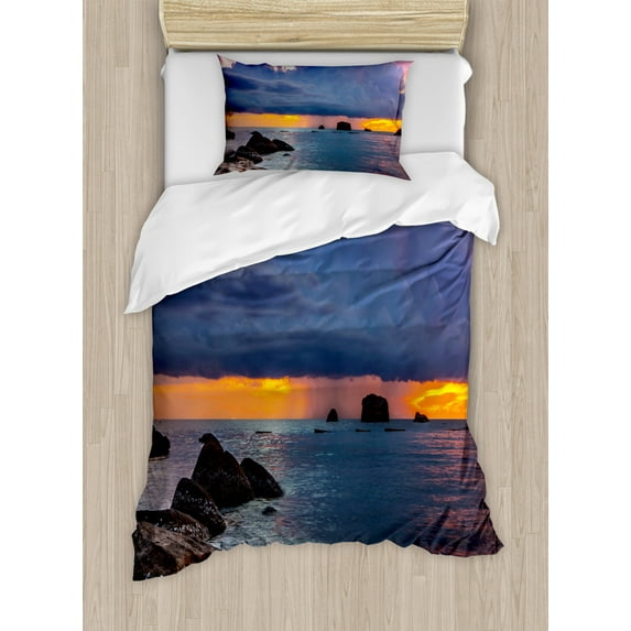 Beach Duvet Cover Set Twin Size, Tropical Seashore Majestic Sunset Natural Scenery Big Clouds Rocks Exotic Landscape, Decorative 2 Piece Bedding Set with 1 Pillow Sham, Multicolor, by Ambesonne