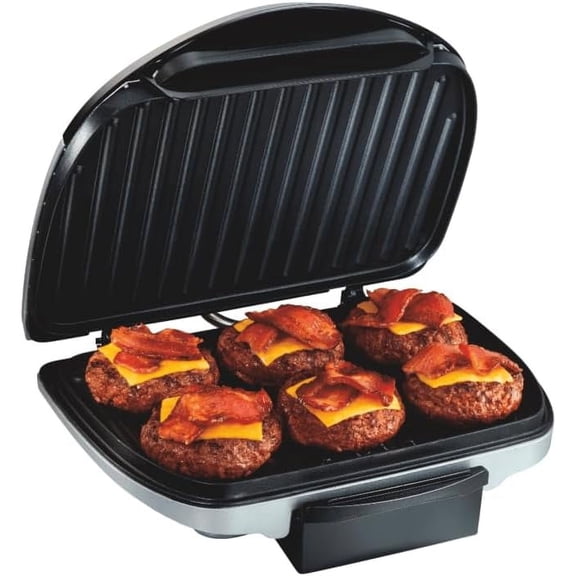 Beach Electric Indoor Grill, 6-Serving, Large 90 sq. in. Nonstick Easy Clean Plates, Floating Hinge for Thicker Foods, 1200 Watts, 6.38"D x 12.68"W x 13.78"H , Silver