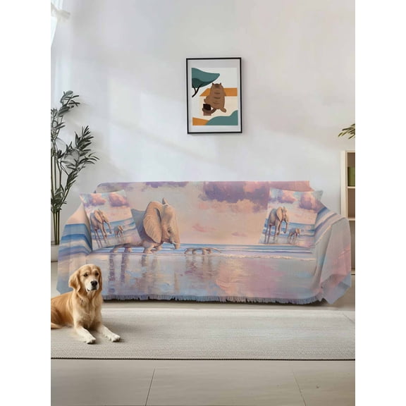 Beach Elephant Couch Cover, Natural Seaside Scenery Modern Paint Art Oversized Sofa Cover Blanket for 3 Cushion Couch,Sectional Sofa Slipcover Furniture Protector for Living Room Bedroom 71''x150''