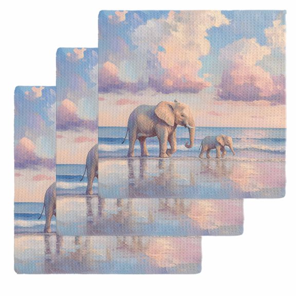 Beach Elephant Dish Towels Set, Waffle Weave Kitchen Towels 3 Pieces, Natural Seaside Scenery Modern Paint Art Microfiber Hair Face Bath Tea Towel Absorbent Quick Drying Cleaning Dish Cloths, 12"x12"