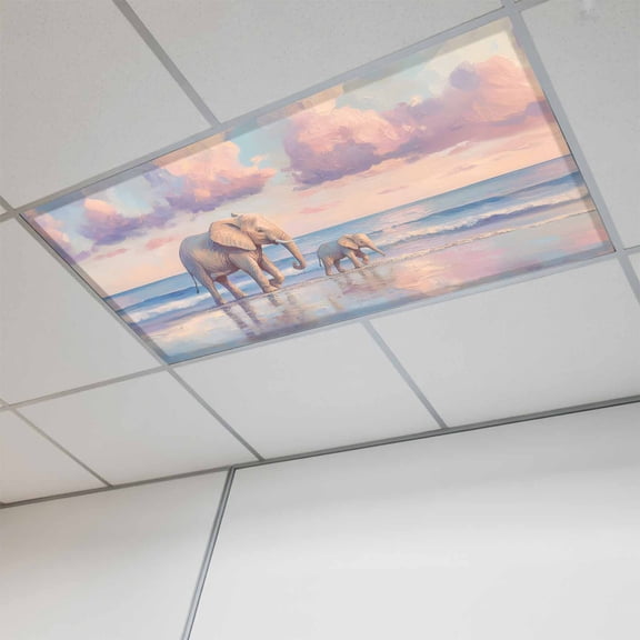 Beach Elephant Magnetic Fluorescent Light Covers for Ceiling Lights 2x4Ft,Natural Seaside Scenery Modern Paint Art Office Classroom Kitchen Drop Ceiling Light Covers Filters Shade Panel 1Pack