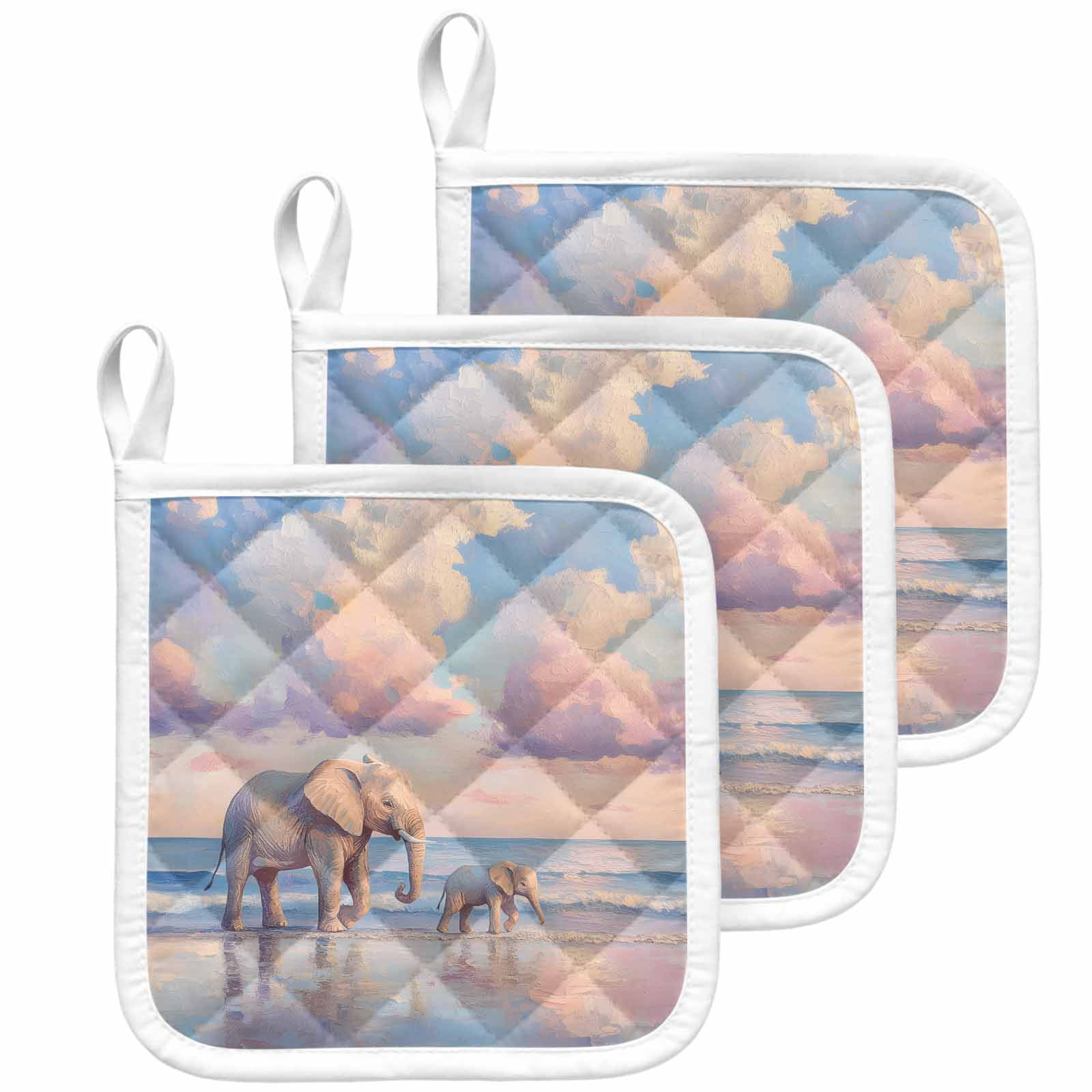 Beach Elephant Pot Holders for Kitchen Heatproof Potholder, 3 Pack Natural Seaside Scenery Modern Paint Art Hot Pads Multipurpose Oven Pads Cloth Potholders Trivet for Cooking Baking