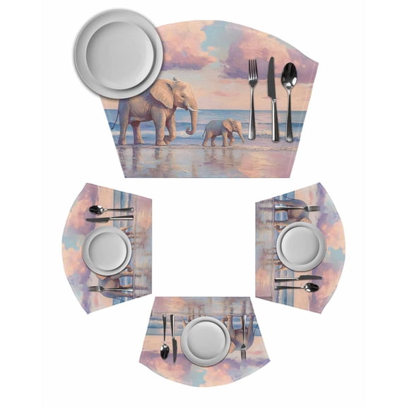 Beach Elephant Round Placemats Set of 2, Natural Seaside Scenery Modern Paint Art Placemats for Round Dining Table Shape Wedge Placemats for Outdoor Indoor Wipeable Clean Table Place Mats