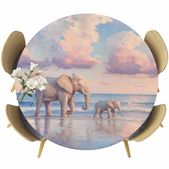 Beach Elephant Round Tablecloth 55-60 Inch Round Fitted Table Cloth with Elastic Edge, Natural Seaside Scenery Modern Paint Art Waterproof Table Cover Protector for Outdoor Picnic Party Dining