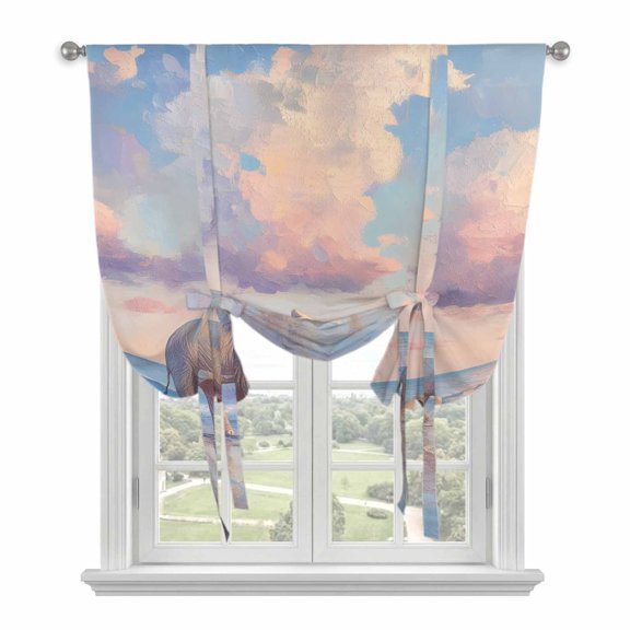 Beach Elephant Tie Up Curtains for Windows, Adjustable Rod Pocket Valance Shade, Natural Seaside Scenery Modern Paint Art Light Filtering Window Treatment for Kitchen Bedroom Living Room 34"x 45"