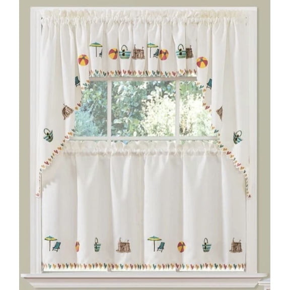Beach Embroidered Kitchen Curtains 36" Tiers and Swag Top, Off White