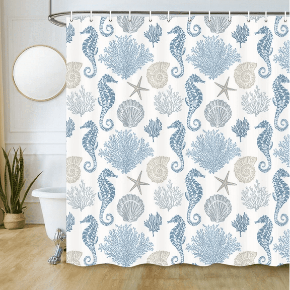 Beach Fabric Shower Curtain, Sea Shells Stars Seahorse and Coral Shower Curtain for Bathroom, Coastal Nautical Shower Curtain with Hooks, 54X70in