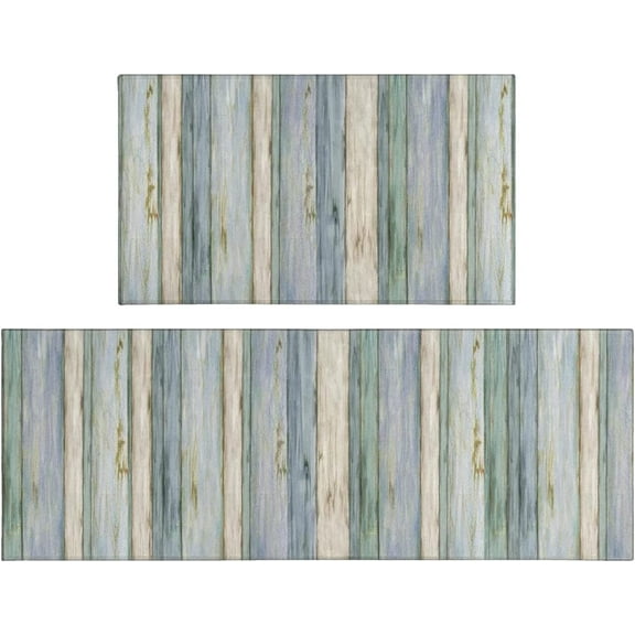 Beach Farmhouse Kitchen Rugs Set 2 Piece Colorful Summer Wooden Decorative Rug for Kitchen Low-Profile Floor Mats Decorations for Home Kitchen (17"x48"+17"x30")