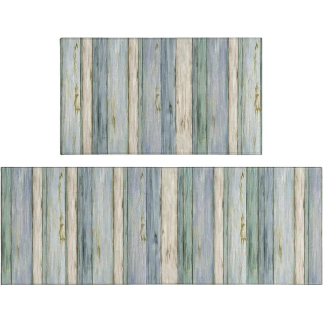 Beach Farmhouse Kitchen Rugs Set 2 Piece Colorful Summer Wooden Decorative Rug for Kitchen Low-Profile Floor Mats Decorations for Home Kitchen (17"x48"+17"x30")