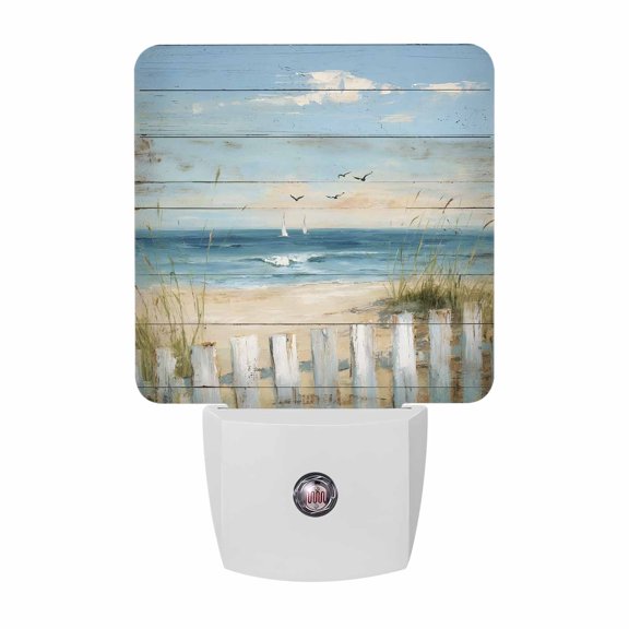 Beach Fence Night Lights, Coastal Nautical Sea Sand Dunes Blue Beige Wood Grain Smart Auto Dusk to Dawn Sensor Nightlights Plug-in Nightlight for Bedroom Bathroom Living Room Kitchen Hallway