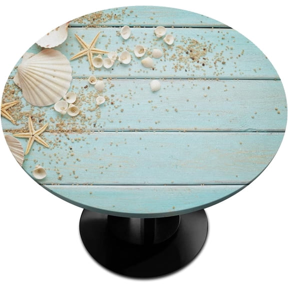 Beach Fitted Round Table Cloth Summer Wood Starfish Outdoor Table Cover with Elastic Edge (Fit for 40"-44" Tables) Waterproof Non Slip Coastal Round Tablecloths for Kitchen Parties Patio Decor