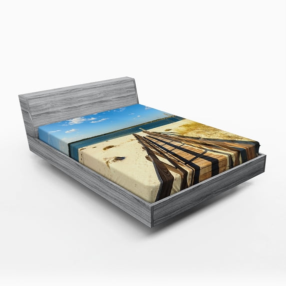 Ambesonne Beach Fitted Sheet, Perdido Beach Long Pier, Queen Size, Cream Blue
