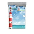 thumbnail image 1 of Beach Fitted Sheet & Pillow Sham Set, Realistic Illustration Lighthouse on Calm Seashore Flying Seagulls Ocean Scenery, Decorative Printed 6 Piece Bedding Decor Set, Full, Vermilion Blue, by Ambesonne, 1 of 3
