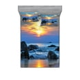 thumbnail image 1 of Beach Fitted Sheet & Pillow Sham Set, Sunset Scenery in Sandy Beach with Rocks and Waves Lonely Peace Morning Dream Earth, Decorative Printed 6 Piece Bedding Decor Set, King, Blue Yellow, by Ambesonne, 1 of 3
