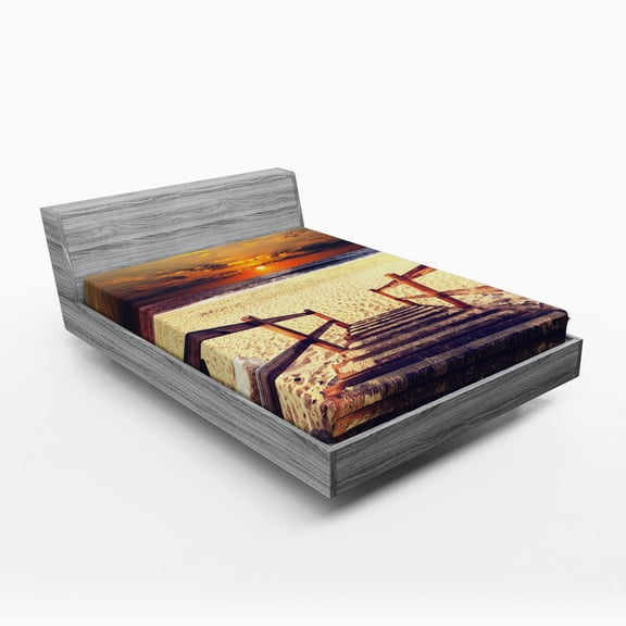 Beach Fitted Sheet, Stairs Lead to the Beach with Dramatic Horizon Scenery Magic Skyline Solitude Print, Soft Decorative Fabric Bedding, Full Size, Orange Cream, by Ambesonne