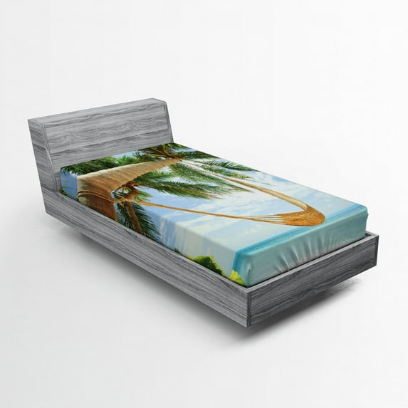 Ambesonne Beach Fitted Sheet, Ocean Sandy Shore Palm, Twin Size, Green Cream Blue