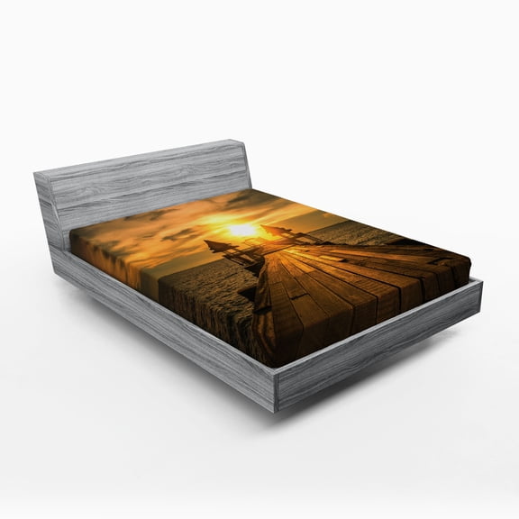 Beach Fitted Sheet, Wooden Dock Serene Bangkok Bay Morning Sunshine and Ocean Picture Print, Soft Decorative Fabric Bedding, Queen Size, Dark Blue Yellow Brown, by Ambesonne