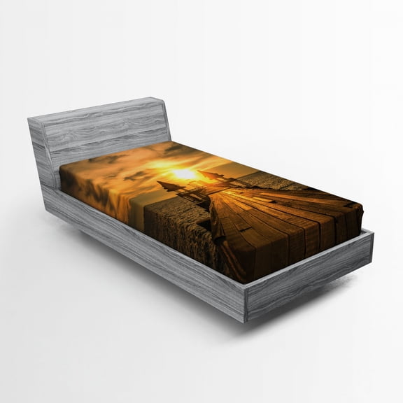 Beach Fitted Sheet, Wooden Dock Serene Bangkok Bay Morning Sunshine and Ocean Picture Print, Soft Decorative Fabric Bedding, Twin Size, Dark Blue Yellow Brown, by Ambesonne