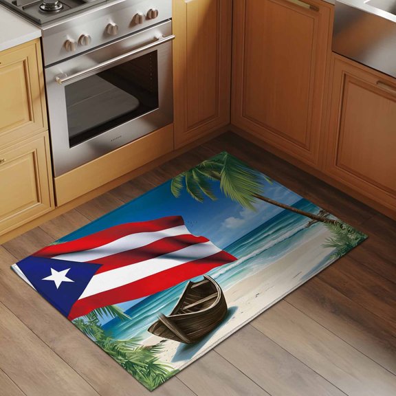 Beach Flag 2x3 Rug for Entryway Front Door Kitchen Sink Area, Vintage Ocean Beach Puerto Rico Flag Boat Coconut Trees Plant Low Pile Washable Non Slip Rectangle Area Rug