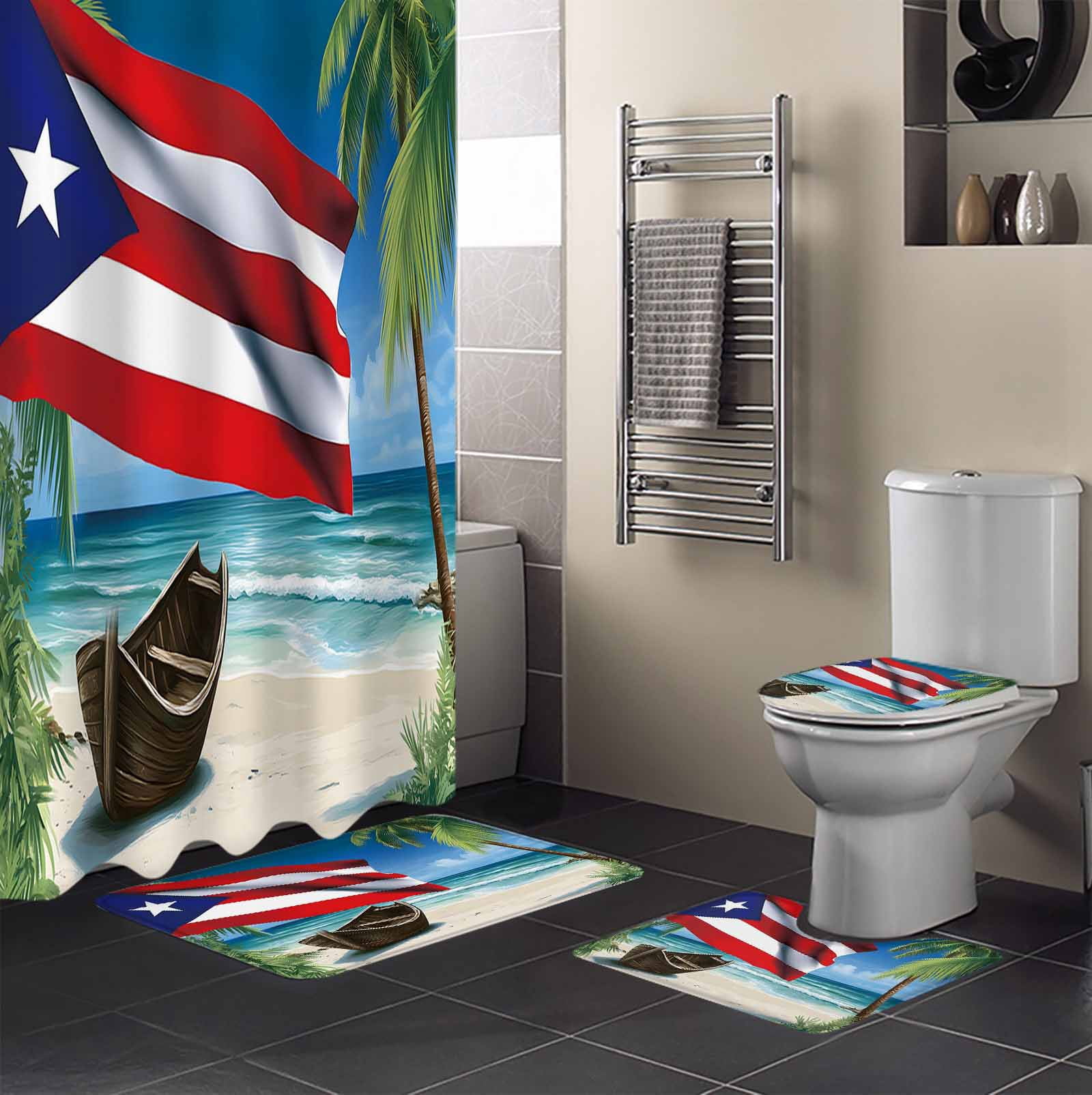 Puerto Rico Rug Beach Flag 4PCS Shower Curtains Set with Toilet Lid Cover Non-Slip Rugs ...