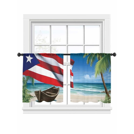 Beach Flag Sheer Curtains 2 Panels Set Vintage Ocean Beach Puerto Rico Flag Boat Coconut Trees Plant Sheer Window Curtains Light Filtering Rod Pocket Voile Drapes for Bedroom Living Room 52"x54"