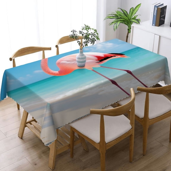 Beach Flamingos Rectangular Tablecloth, Kitchen Accessories - Festive Table Setting Tablecloths for dining table, Cafe, dinner, brunch, buffet, picnic