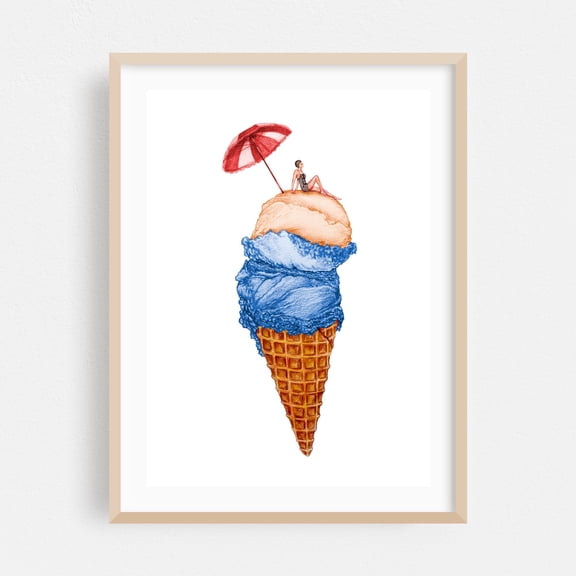 Beach Flavour - Illustration Surrealism Whimsical Summer Humor Pop Art Beach Fantasy Oak Framed Wall Art Print 5 x 7 inches