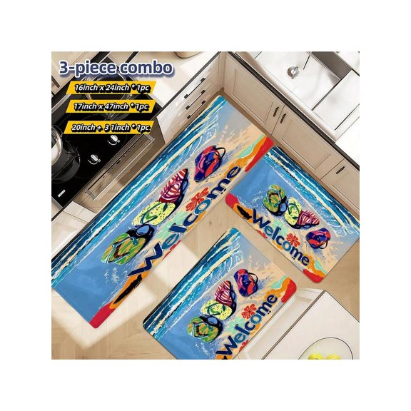 Beach Flip-Flop Welcome Mat Set - 3-Piece Non-Slip Polyester Kitchen & Entryway Mats (40x60+50x80+45x120cm)