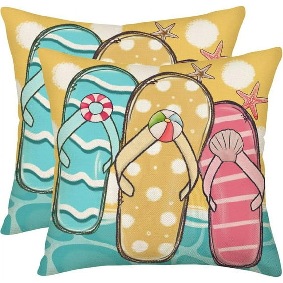 Beach Flip Flops Decorative Throw Pillow Covers Colorful Polka Dot Coastal Sea Starfish Cushion Cover Outdoor Decor Pillowcase 20x20 Inch, Set of 2