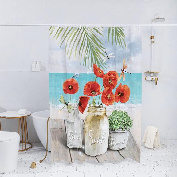 Beach Floral Shower Curtain Summer Relax Soak Unwind Flower Bathroom Decor Shower Curtains Fabric Polyester Waterproof with Plastic Hooks 72" X 72"