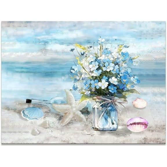 Beach Flower Canvas Painting Ocean Flower Picture Hand Painted Beach Artwork Bathroom Floral Wall Decor Blue Beach Canvas Painting Beach Seascape Art for Bedroom Living Room 16X12 Inch