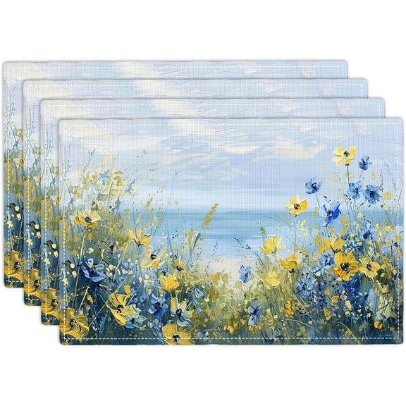 Beach Flower Summer Placemats Set of 4, 12x18 Inch Spring Floral Table Place Mat Coastal Washable Non-Slip Heat Resistant Fabric Placement Mats for Dining Kitchen Indoor Outdoor Decor