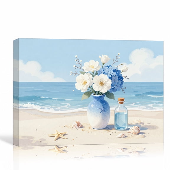 Beach Flowers Seashells Wall Art Coastal Still Life Canvas Print Gallery Wrapped Canvas Bathroom Decor 24"L x 16"W