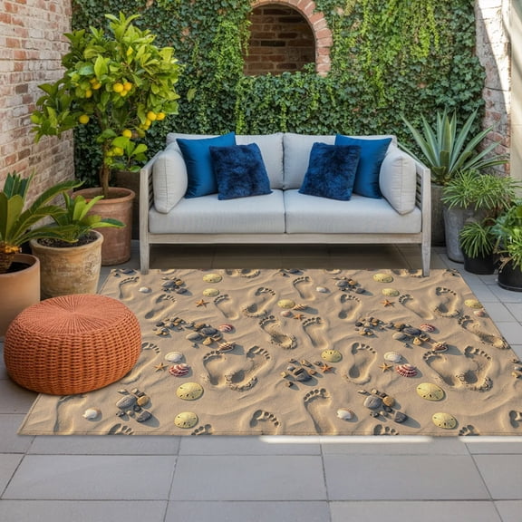 Beach Footprint Indoor Outdoor Rugs 4x6 Ft, Summer Coastal Shells Sand Dollars Outdoor Patio Rugs Mat Washable Outside Area Rugs Carpet for Porch Deck RV Camping Pool Balcony Backyard
