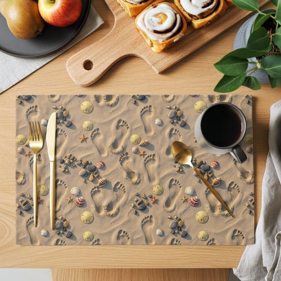 Beach Footprint Placemats Set of 2, Summer Coastal Shells Sand Dollars Heat Insulated Linen Place Mats, Washable Stain-Proof Table Mats for Dining Tables Holiday Decor 13x19 Inches