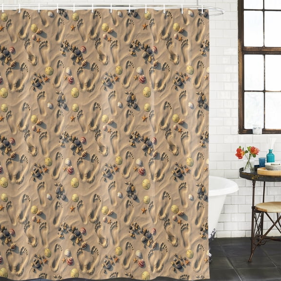 Beach Footprint Shower Curtain, Summer Coastal Shells Sand Dollars Waterproof Washable Shower Curtain for Bathroom Bathtub Partition Bath Decoration Set with Hooks 36x72in