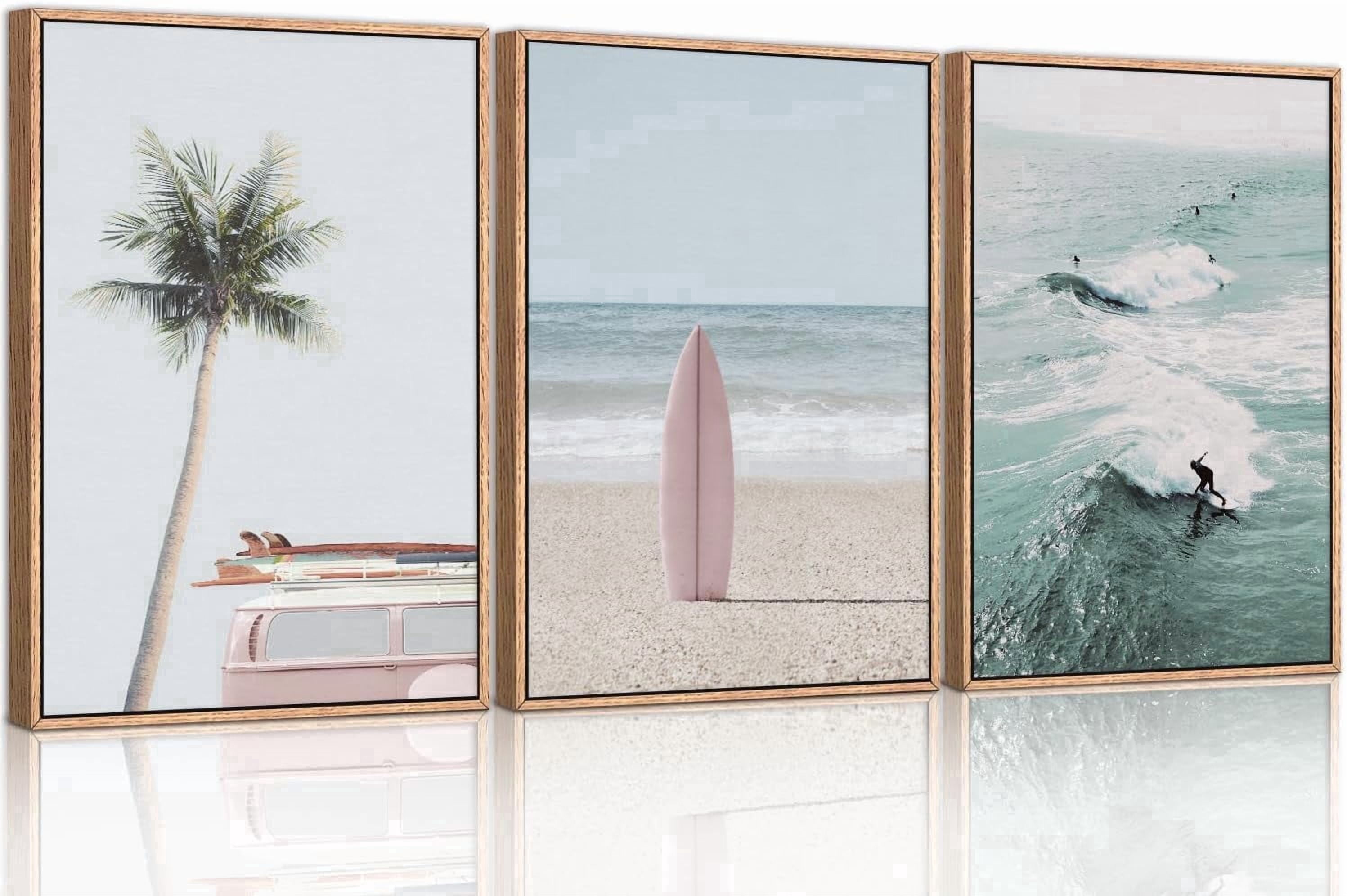 Beach Framed Canvas Wall Art Set, Palm Tree Surfboard Seascape Wall Decor, Ocean Surfing Wall Painting, Coastal Art Print for Living Room, Bedroom, Dining Room, Bathroom - Large Size 16"x24"x3