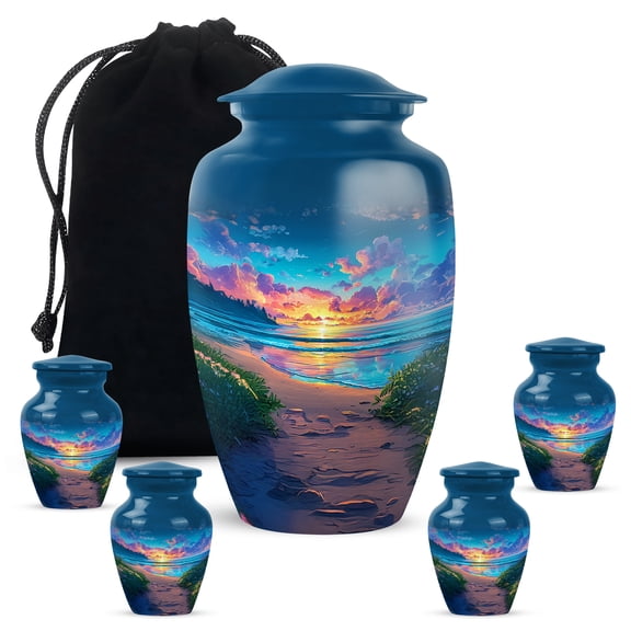 Beach Funeral Urn For Ashes Adult Male And Female - Sunset Decorative Keepsake Urns For Ashes For Mother, Blue Cremation Urns For Adult Man And Woman, 10-inch Large And 3-inch Small Set Of 4