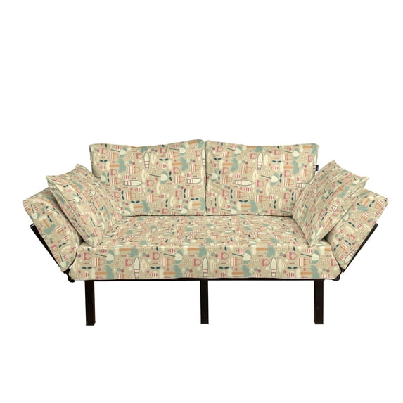 Beach Futon Couch, Summer Vacation on an Exotic Island Pattern with Retro Style Woman Fashion Elements, Daybed with Metal Frame Upholstered Sofa for Living Dorm, Loveseat, Multicolor, by Ambesonne