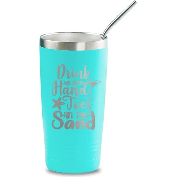 Beach Gifts for Women or Men, 20oz Vacuum Insulated Stainless Steel Travel Tumbler with Lid, Beach Themed Gifts, Gifts for Beach Lovers, Blue (Drink in My Hand, Toes in The Sand)