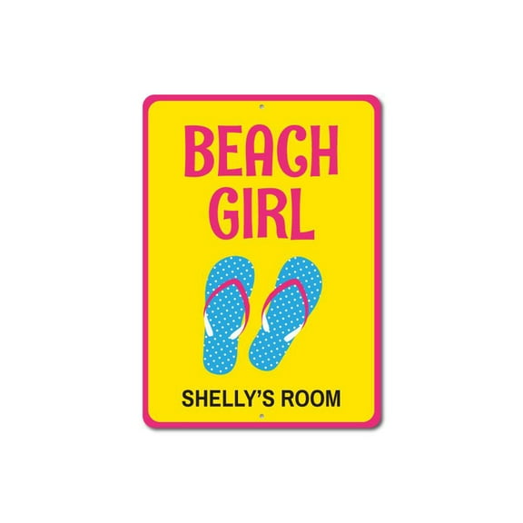 Beach Girl Sign, Custom Flip Flop Lover Sign, Kid Name Beach Bedroom Decor, Ocean Lover Aluminum Sign - 4x18 inches
