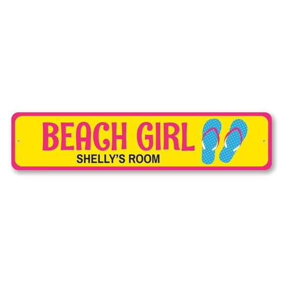 Beach Girl Sign, Flip Flops Kid Name Bedroom Sign, Custom Child Room Decor, Beach Lover Kid Aluminum Sign - 4x18 inches