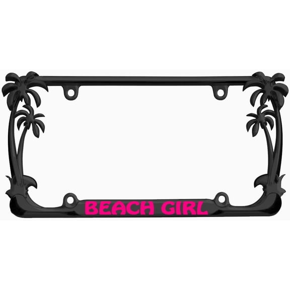 Beach Girl Style Palm Tree Heavy Duty Metal License Plate Frame Auto License Plate Frame/Car Accessories (Black/D.Pink)