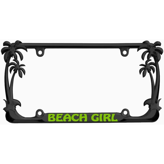Beach Girl Style Palm Tree Heavy Duty Metal License Plate Frame Auto License Plate Frame/Car Accessories (Black/Lime Green)