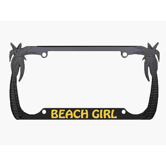 Beach Girl Style Palm Tree Heavy Duty Metal License Plate Frame Auto License Plate Frame/Car Accessories (Black/Yellow)