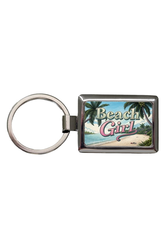 Beach Girl Tropical Beach Palm Trees Metal Rectangle Keychain
