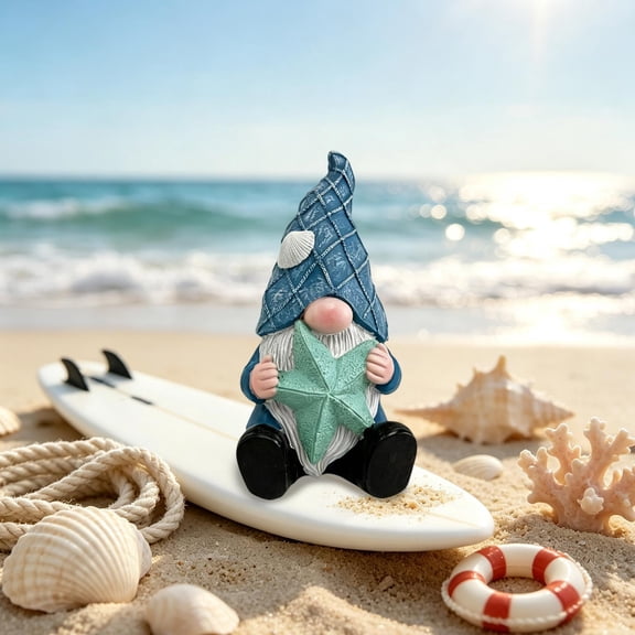 Beach Gnome Statue, Blue Resin Faceless Gnome Decor with Starfish and Seashell Accents, Hand Painted Oceans Themed Summer Table Ornament for Home Display