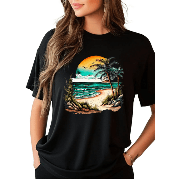 Beach Graphic Print Short Sleeve T-Shirt For Women 1 Pcs Gildan Plain T-Shirt 100% Heavy Cotton - Comfortable Crew Neck, Soft Tees Casual Tops