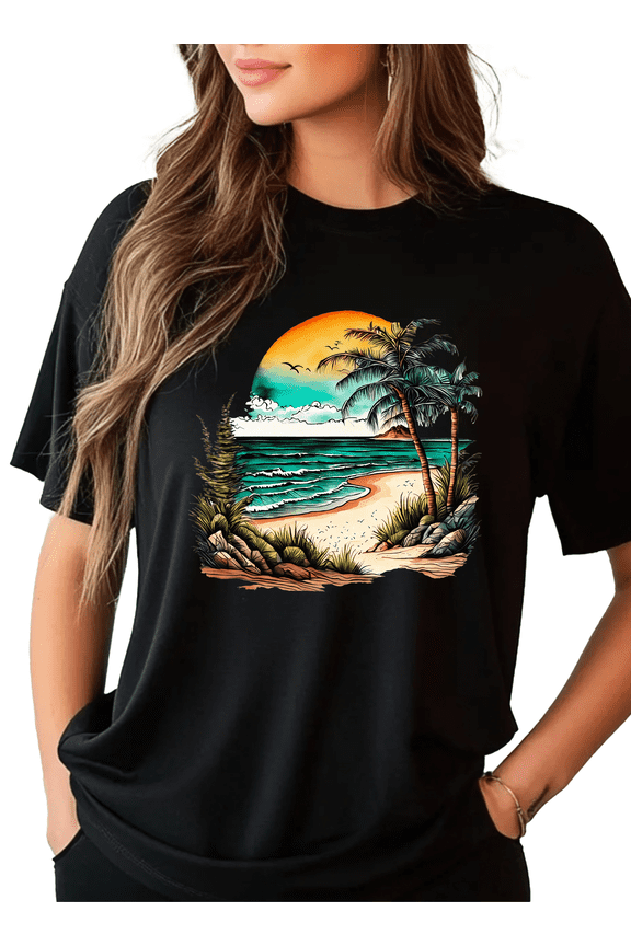 Beach Graphic Print Short Sleeve T-Shirt For Women 1 Pcs Gildan Plain T-Shirt 100% Heavy Cotton - Comfortable Crew Neck, Soft Tees Casual Tops